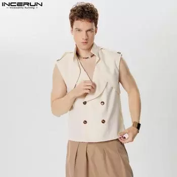 INCERUN Мужской повседневный костюм с пуговицами без рукавов, жилет с рюшами, рубашки M чёрный