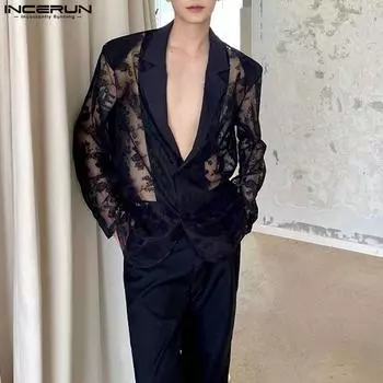 INCERUN Мужской повседневный пиджак с длинным рукавом и кружевным лоскутным узором, пиджак с зазубренными лацканами M чёрный