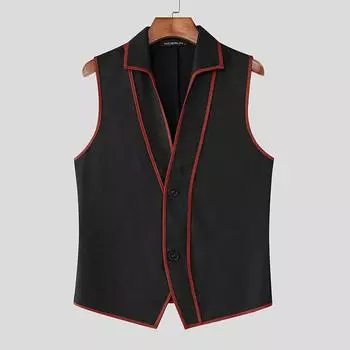 INCERUN Мужской повседневный тонкий жилет без рукавов с лацканами и декоративной строчкой
