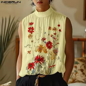 INCERUN Мужской принтованный жилет без рукавов повседневный летний топ с высоким воротом и цветочным принтом S розовый