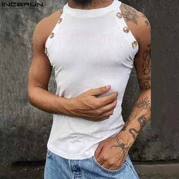 INCERUN Мужской приталенный жилет без рукавов, летние однотонные майки