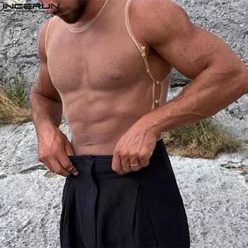 INCERUN Мужской приталенный жилет без рукавов, прозрачный летний топ