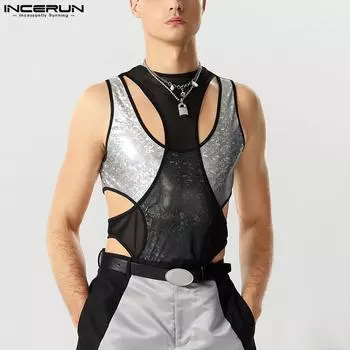 INCERUN Мужской прозрачный сетчатый купальник без рукавов, тонкий лоскутный комбинезон