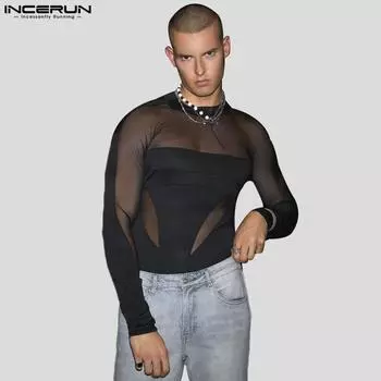 INCERUN Мужской прозрачный сетчатый купальник с длинными рукавами в стиле пэчворк, прозрачные комбинезоны XL чёрный