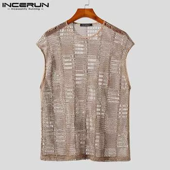 INCERUN Мужской прозрачный жилет без рукавов, летние сетчатые майки