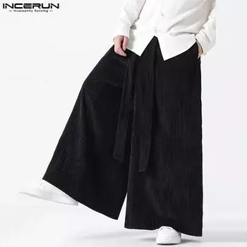 INCERUN Мужской ремень с эластичной талией Вельветовые повседневные свободные мешковатые брюки S зелёный