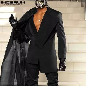 INCERUN Мужской сетчатый плащ с лацканами и длинными рукавами в стиле пэчворк S чёрный