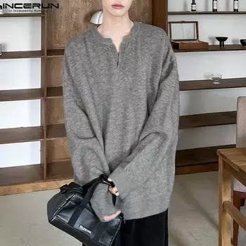 INCERUN Мужской свитер-пуловер с глубоким V-образным вырезом и длинными рукавами 2XL чёрный