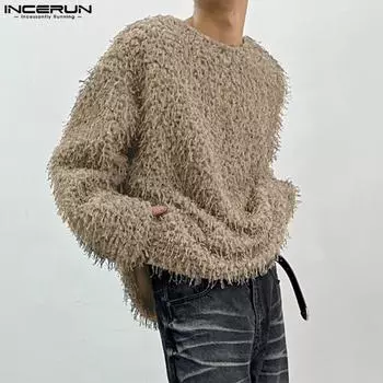 INCERUN Мужской свитер с длинным рукавом и круглым вырезом, меховой свитер с кисточками, топы 4XL хаки