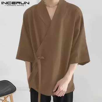 INCERUN Мужской свободный кардиган на шнуровке с половиной рукавом, повседневное кимоно, топы S коричневый