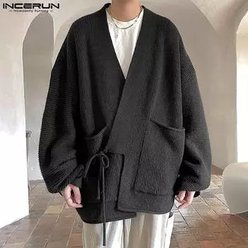INCERUN Мужской свободный кардиган с V-образным вырезом спереди и длинным рукавом, кимоно, топы S чёрный