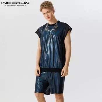INCERUN Мужской свободный сетчатый жилет из двух частей + шорты повседневный костюм