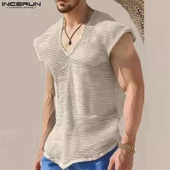 INCERUN Мужской текстурный жилет без рукавов, повседневные майки с V-образным вырезом 5XL чёрный