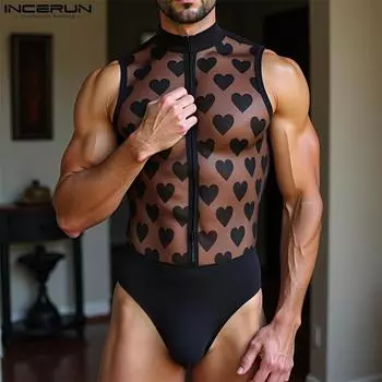 INCERUN Мужской трико с круглым вырезом, без рукавов, с принтом, из сетки, прозрачный S