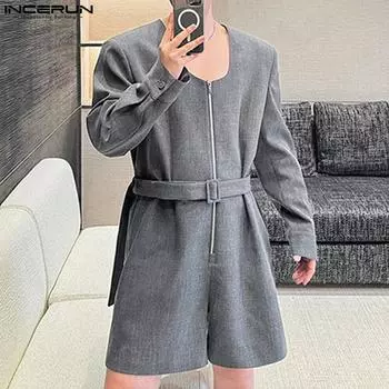 INCERUN Мужской U-образный вырез с длинным рукавом и поясом на молнии, короткие комбинезоны, блейзер, комбинезон S