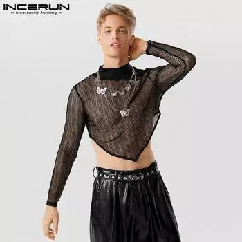 INCERUN Мужской укороченный сетчатый прозрачный топ с длинными рукавами и неровным краем