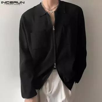 INCERUN Мужской весенний повседневный кардиган с длинными рукавами и двойной молнией с лацканами M бежевый