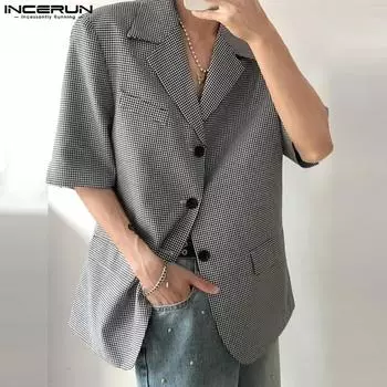 INCERUN Мужской винтажный клетчатый пиджак с отложным воротником и короткими рукавами, пальто