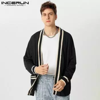 INCERUN мужской вязаный повседневный кардиган с длинным рукавом в стиле пэчворк большого размера с открытым передом S чёрный