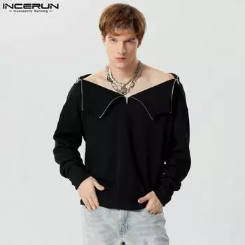 INCERUN Мужской вязаный свитер с длинным рукавом и застежкой-молнией 3XL чёрный