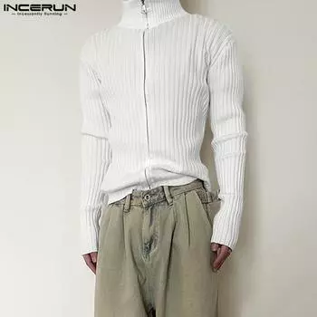 INCERUN Мужской вязаный тонкий свитер с длинным рукавом на молнии