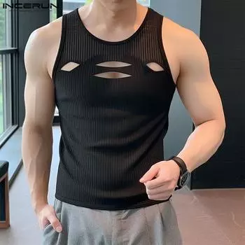 INCERUN Мужской круглый вырез без рукавов трикотажный жилет тренировочные летние майки XL зелёный