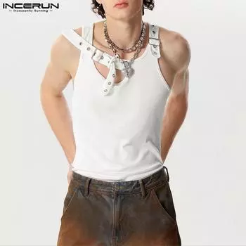 INCERUN Мужской вязаный жилет без рукавов с ремнями, летние майки 2XL чёрный