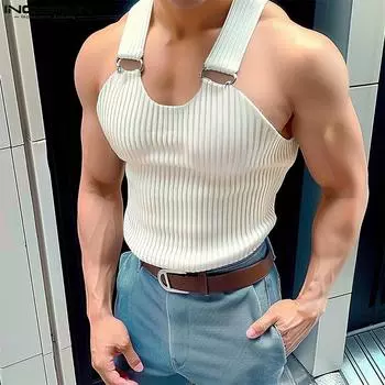 INCERUN Мужской вязаный жилет без рукавов в рубчик, повседневные облегающие майки M белый