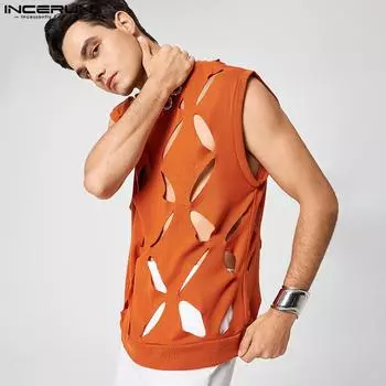 INCERUN Мужской жилет без рукавов, летние топы с вырезами