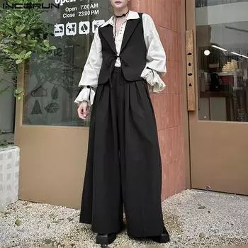 INCERUN Мужской жилет без рукавов на шнуровке, свободный жилет и длинные широкие брюки L чёрный