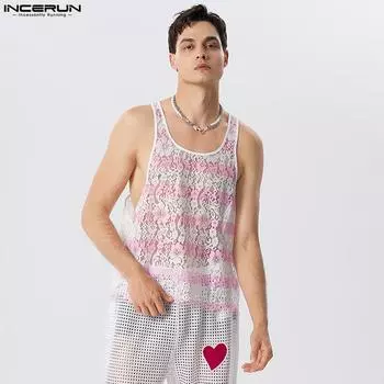 INCERUN Мужской жилет без рукавов Праздничный кружевной топ свободного кроя на бретелях
