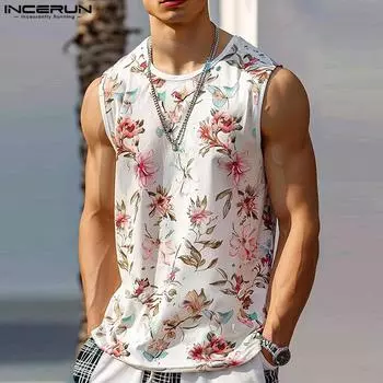 INCERUN Мужской жилет без рукавов с цветочным принтом Летние свободные пляжные майки