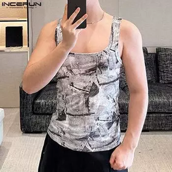 INCERUN Мужской жилет без рукавов с глубоким U-образным вырезом и цветочным принтом, повседневные майки 5XL чёрный