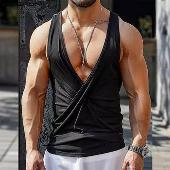 INCERUN Мужской жилет без рукавов с глубоким V-образным вырезом, повседневный топ с закрученным узлом спереди XL чёрный