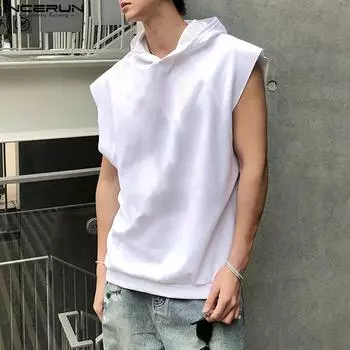 INCERUN Мужской жилет без рукавов с капюшоном, повседневный спортивный жилет, толстовки S чёрный