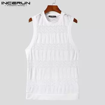 INCERUN Мужской жилет без рукавов с круглым вырезом и кружевной сеткой без рукавов