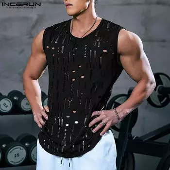 INCERUN Мужской жилет без рукавов с круглым вырезом и ажурной текстурой, летние повседневные майки с вырезами 5XL темно-розовый