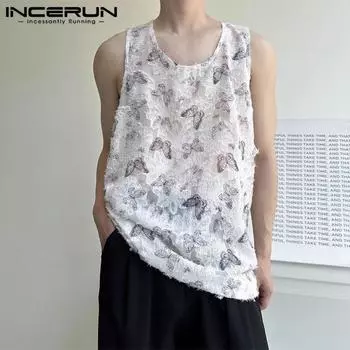 INCERUN Мужской жилет без рукавов с принтом и о-образным вырезом, летняя майка с кисточками и текстурой 3XL белый