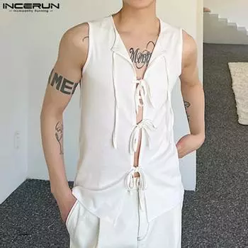 INCERUN Мужской жилет без рукавов с ремнями, однотонный тонкий повседневный топ на бретелях