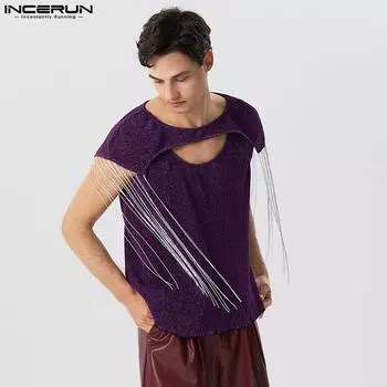 INCERUN Мужской жилет без рукавов с вырезами, состоящая из двух частей, безрукавка с кисточками