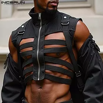 INCERUN Мужской жилет без рукавов с вырезом, летний жилет-карго на молнии XL