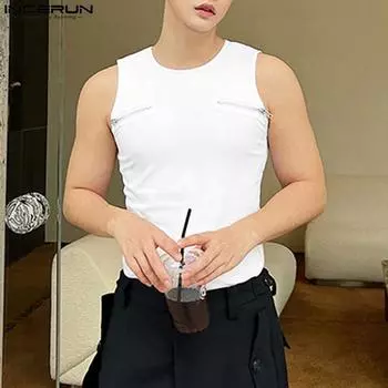 INCERUN Мужской жилет на молнии без рукавов с круглым вырезом, летние майки для спортзала L белый