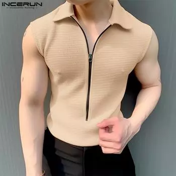 INCERUN Мужской жилет на молнии с лацканами без рукавов 2XL чёрный