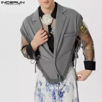 INCERUN Мужской жилет с кисточками на одной пуговице и повязкой по бокам, жилет