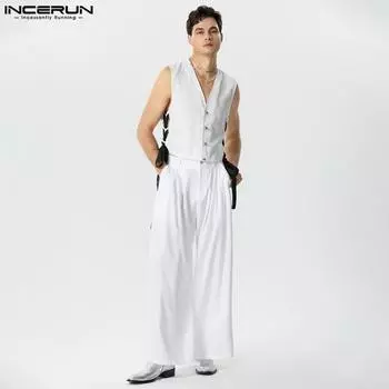 INCERUN Мужской жилет с v-образным вырезом и широкими брюками на шнуровке по бокам, повседневные костюмы