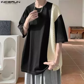 INCERUN Негабаритные летние мужские лоскутные топы с круглым вырезом и половиной рукавов