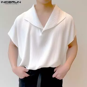 INCERUN Негабаритные мужские футболки с накидкой и короткими рукавами, летние однотонные вязаные топы XL серый