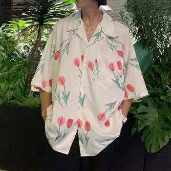 INCERUN Негабаритные мужские летние пляжные рубашки с коротким рукавом и цветочным принтом S чёрный