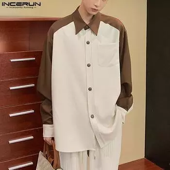 INCERUN Негабаритные мужские лоскутные повседневные рубашки с лацканами и длинными рукавами M белый