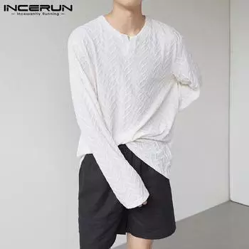 INCERUN Негабаритные мужские однотонные повседневные осенние топы с v-образным вырезом и длинными рукавами, пуловеры